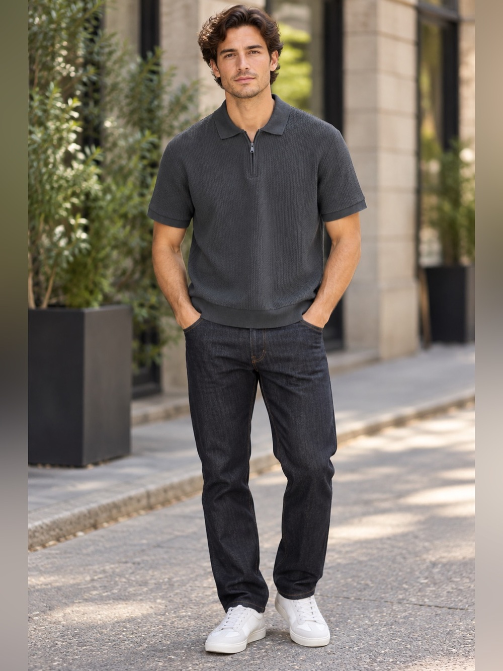 Zara Men’s Soft Dark Gray Olive Short Sleeve Zip Textured Knit Polo, Relaxed, S